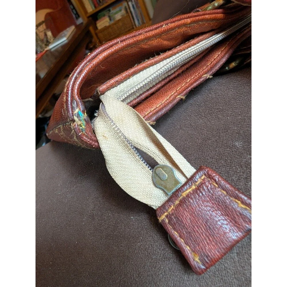 Vintage Leather Tote Bag Brown Double Handle Shoulder Purse 70s Boho Retro Large - Picture 12 of 13